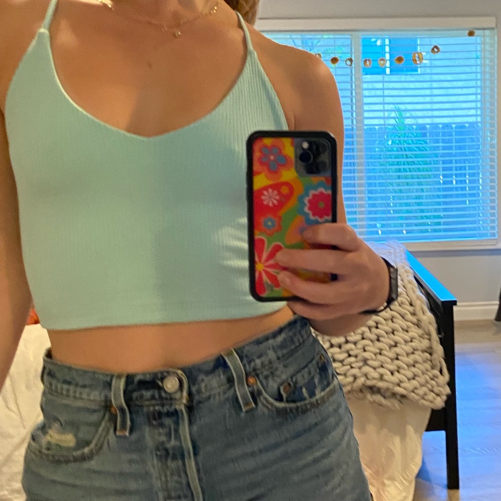 Cross Cross Back Blue Tank Top